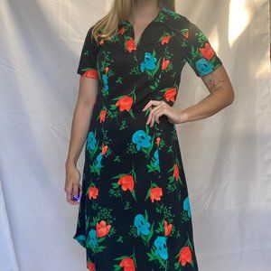 midi black floral vintage 70s dress big collar